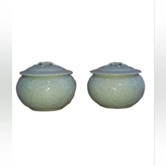 Chinese Celadon Jar Pot Lid Vessel Green Ware Flower Marked Set - Picture 3 of 7